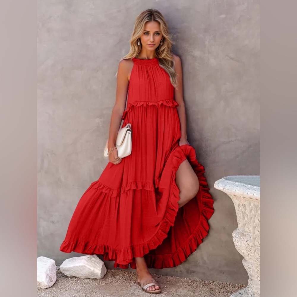 Red Ruffled Sleeveless Tiered Maxi Dress with Pockets